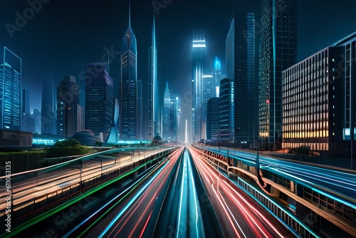 traffic at night in a crowdy and modern city - Generative AI Technology photo