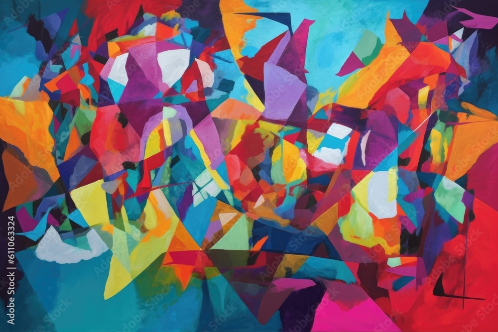 abstract painting of fragmented shapes in bold and vibrant colors, created with generative ai