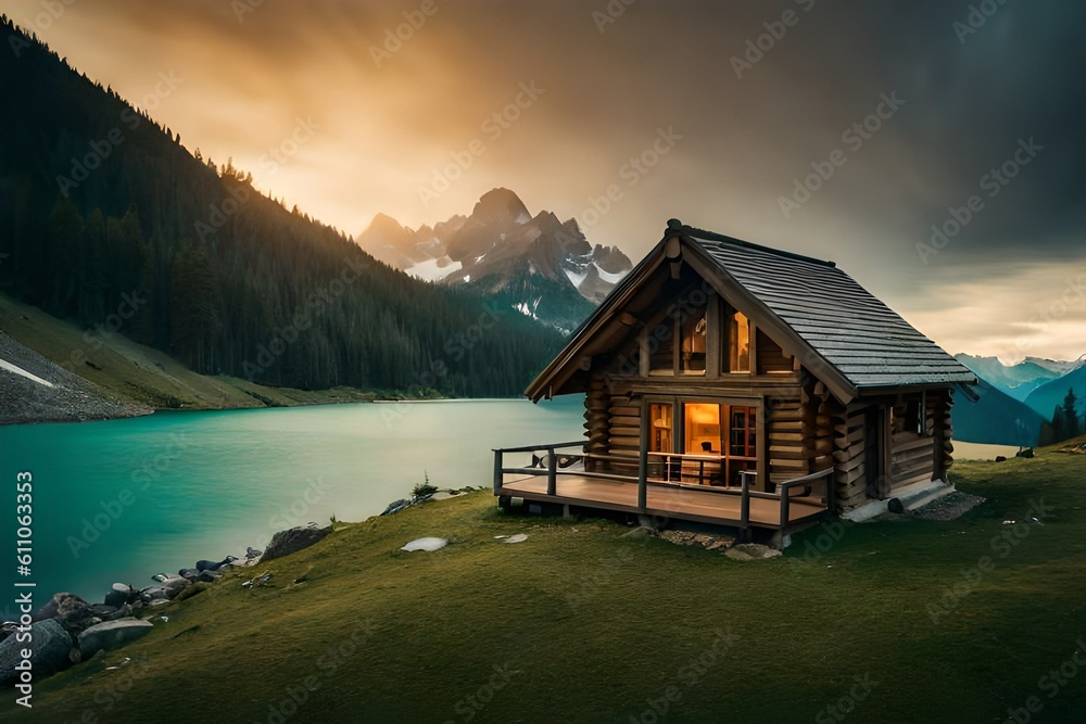 Fototapeta premium sunset in the village with a wooden hut type house