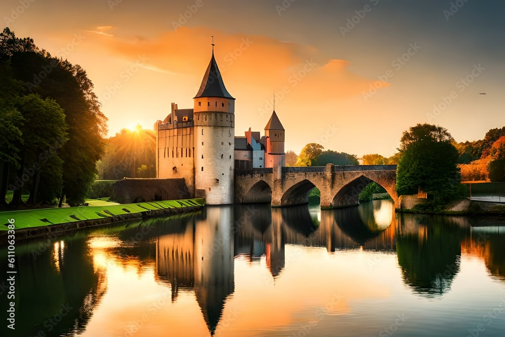 sunset over the river with a castle background - Generative AI Technology