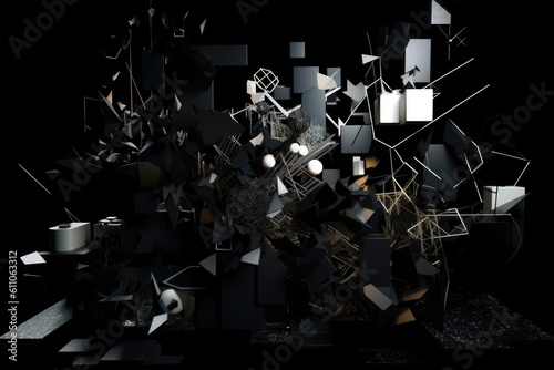 abstract, deconstructed and fragmented shapes on a black background, created with generative ai