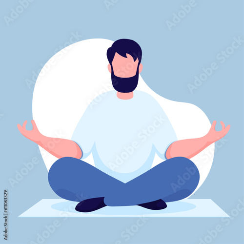 Man with beard meditating and sitting on a rug. Illustration for yoga, meditation, and healthy lifestyle. Vector illustration in flat cartoon style.