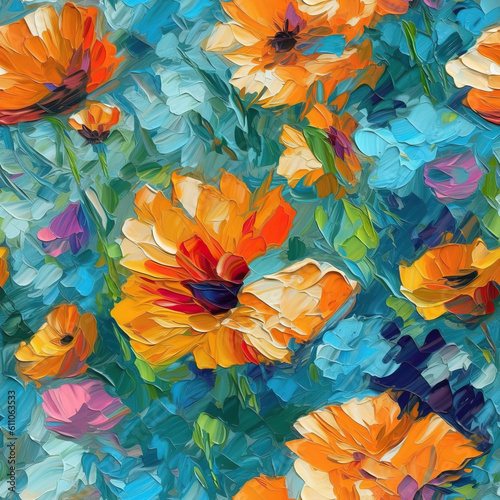 Flowers oil painting seamless repeat pattern, colorful, impressionism [Generative AI] 