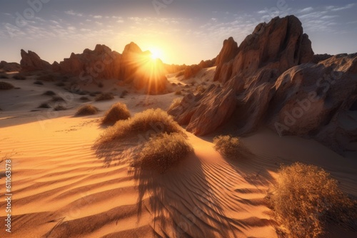 desert sunrise, with the warm glow of the rising sun illuminating sand dunes and rock formations, created with generative ai
