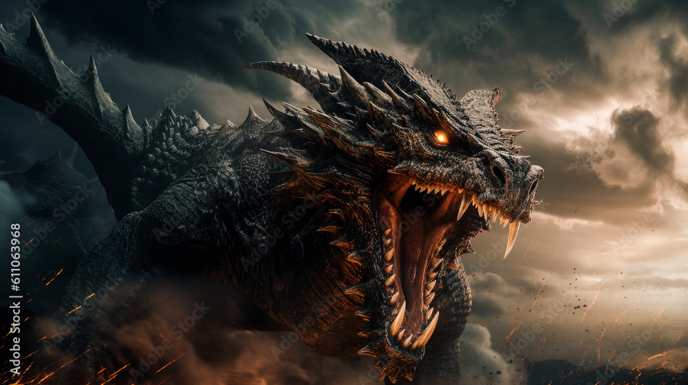 A dragon in battle with fierce eyes and bared teeth amidst a stormy sky. Generative AI technology. A dragon in battle with fierce eyes and bared teeth amidst a stormy sky. Generative AI technology.