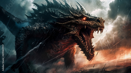 A dragon in battle with fierce eyes and bared teeth amidst a stormy sky. Generative AI technology. © Happy Prompt