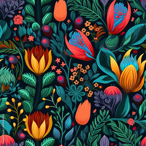 Flowers minimal seamless repeat pattern  colorful flower art  Generative AI  