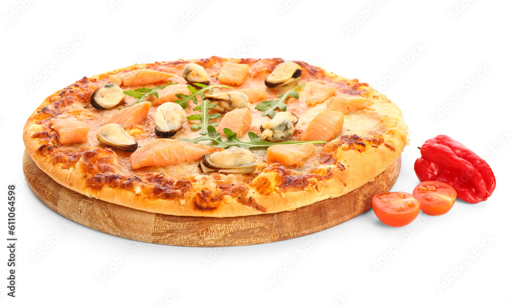 Wooden board with tasty seafood pizza isolated on white background Wooden board with tasty seafood pizza isolated on white background