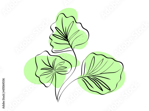 Abstract tropical plant hand drawn with green blotches on background. Doodle leaves.