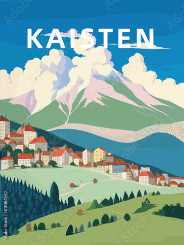 Kaisten: Retro tourism poster with a Swiss landscape and the headline Kaisten in Aargau