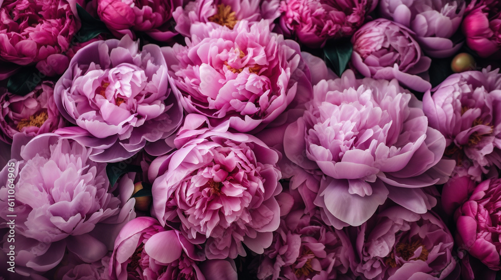  Pink peonies flat lay wallpaper. AI