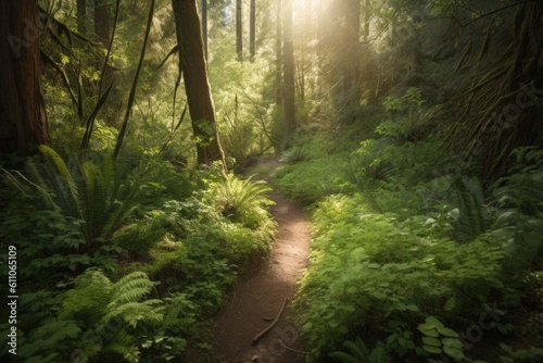 hiking trail leading through lush forest, with sunlight filtering through the trees, created with generative ai © altitudevisual