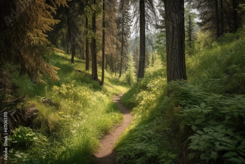 hiking trail surrounded by tall trees and beautiful scenery, created with generative ai © altitudevisual