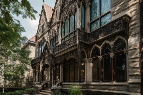 neogothic exterior with intricate woodwork and stained glass windows, created with generative ai photo