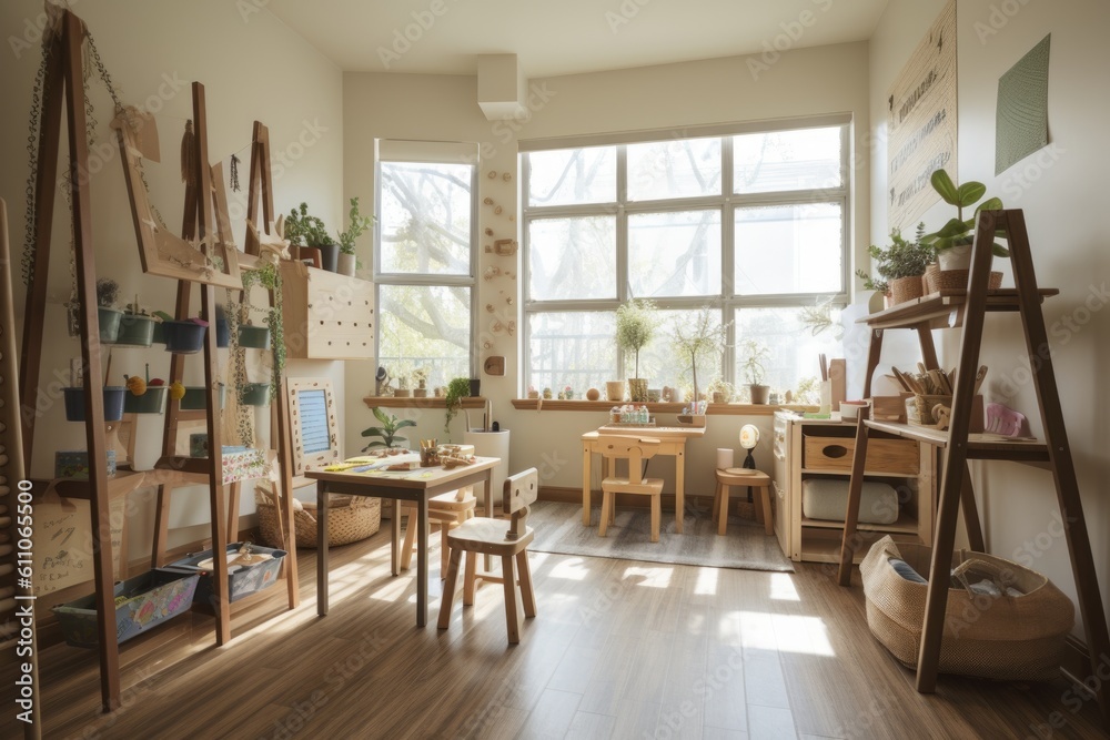 creative and inspiring home learning space with art projects, books, and natural light, created with generative ai