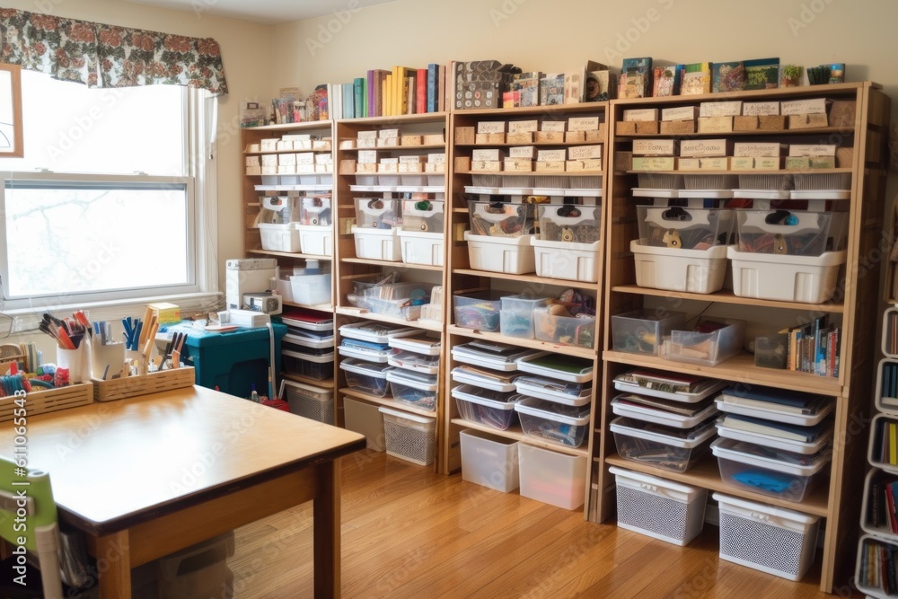 tons of resources, including books and supplies, for a well-stocked home school classroom, created with generative ai