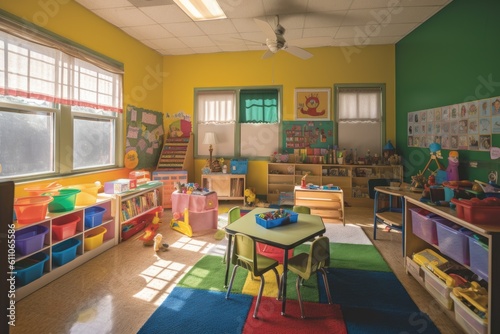 brightly colored classroom with books, toys, and projects galore, created with generative ai © altitudevisual