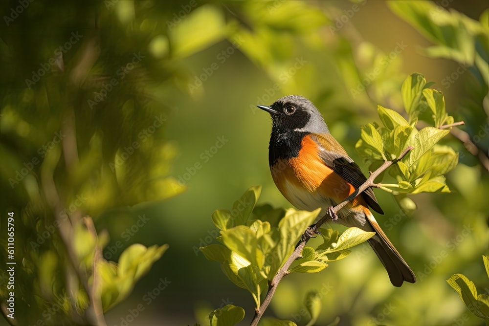 Fototapeta premium male redstart on sun-dappled perch, surrounded by greenery, created with generative ai