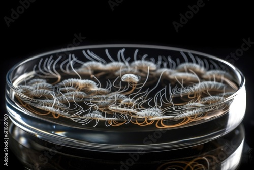 bacterial colonies growing in petri dish, with dramatic zooming and swirling, created with generative ai