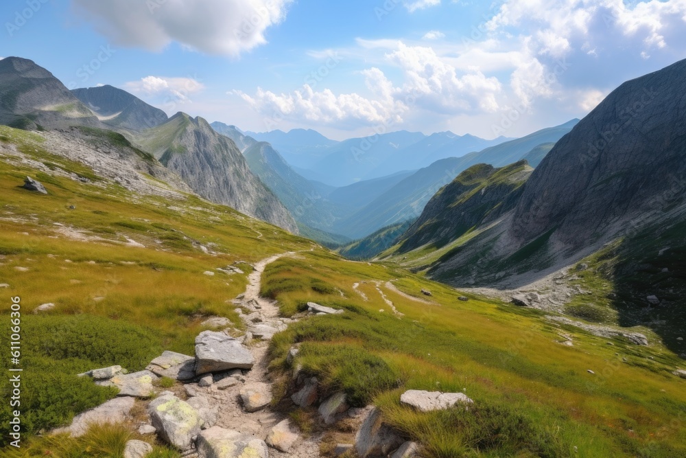 Fototapeta premium hiking trail ascending through mountain pass, with spectacular views of the valley below, created with generative ai