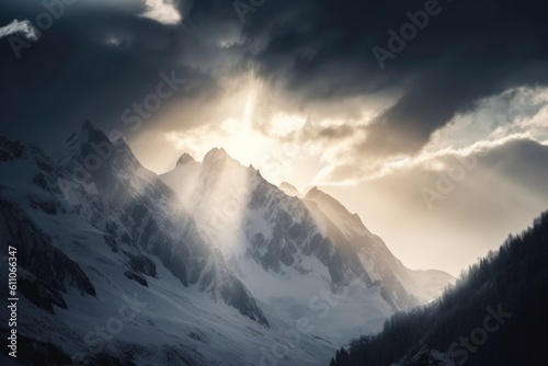 appealing view of snowy mountain peak, with the sun shining through the clouds, created with generative ai © altitudevisual