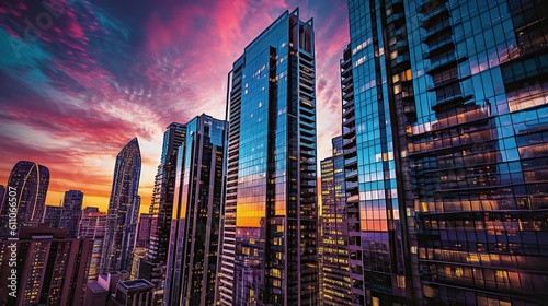 Showcase the beauty of modern architecture in a bustling cityscape with a wide-angle lens at sunset - generated AI