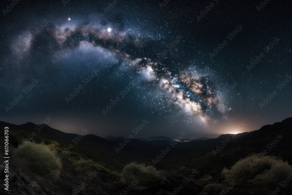 a panoramic view of the night sky, with millions of stars shining and moon hanging in the air, created with generative ai