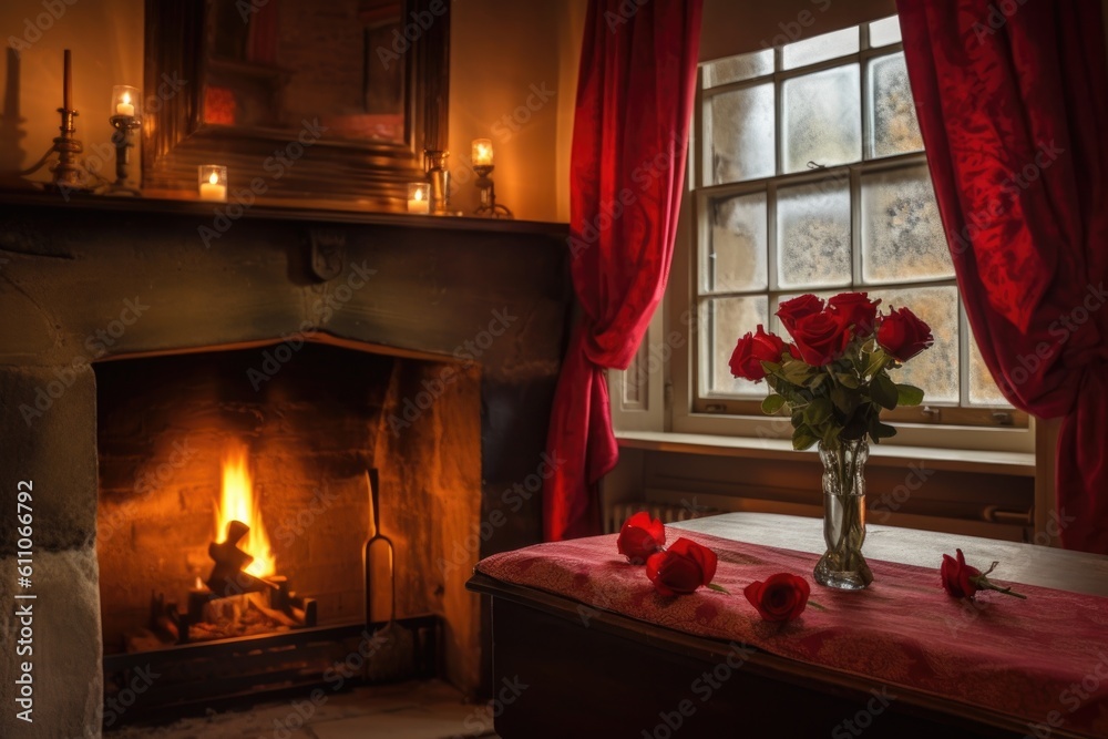 a cozy room with red roses and a fireplace, created with generative ai