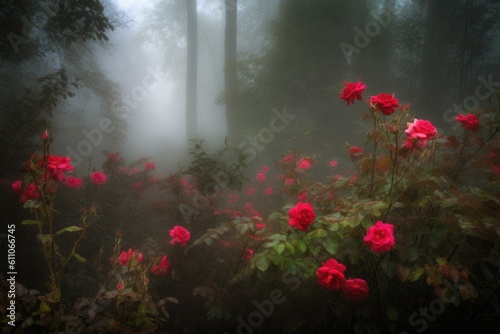 burst of red roses in the misty forest setting, created with generative ai
