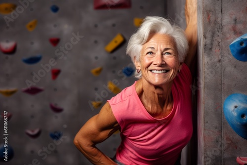 Headshot portrait photography of a satisfied mature girl practicing rock climbing against a minimalist or empty room background. With generative AI technology