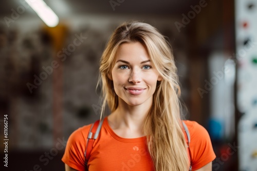 Headshot portrait photography of a satisfied mature girl practicing rock climbing against a minimalist or empty room background. With generative AI technology