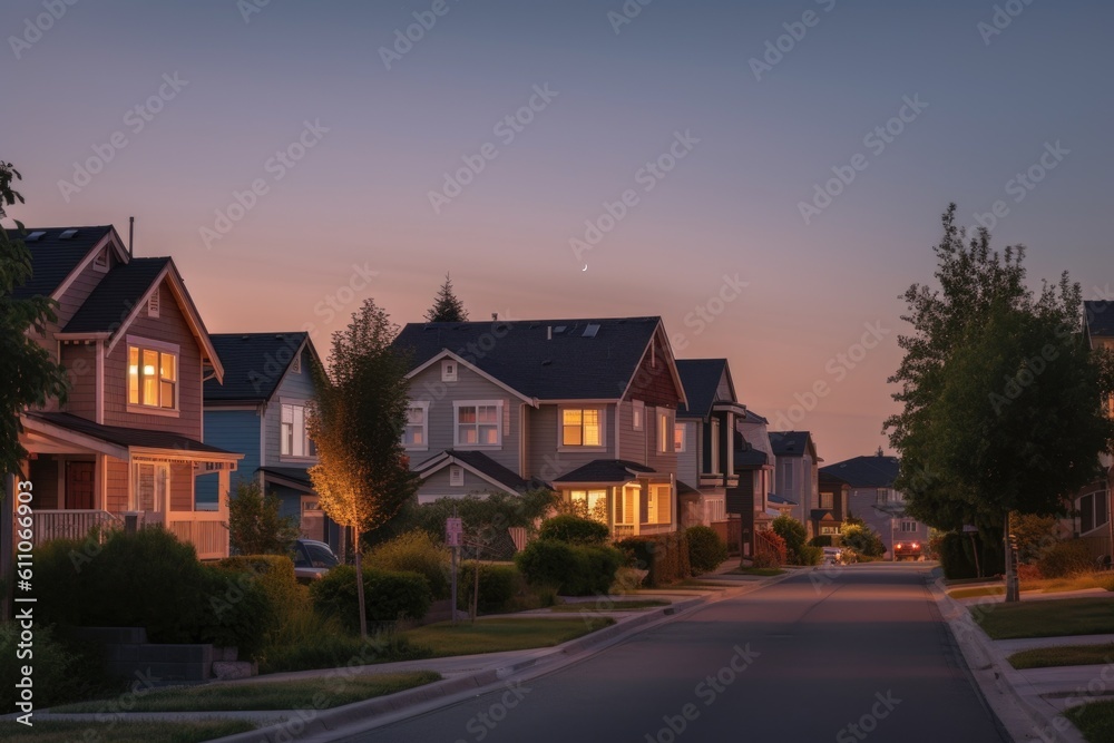 view of quiet residential neighborhood at dusk, with warm evening light and clear sky visible, created with generative ai