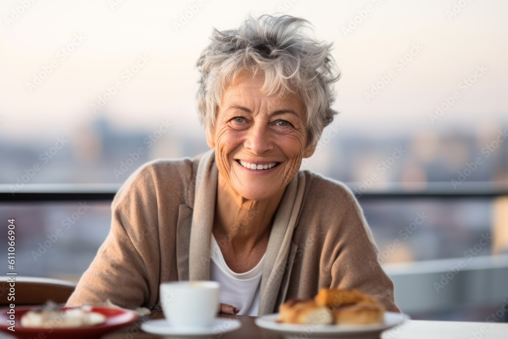Close-up portrait photography of a grinning mature woman having breakfast against a city skyline background. With generative AI technology Close-up portrait photography of a grinning mature woman having breakfast against a city skyline background. With generative AI technology