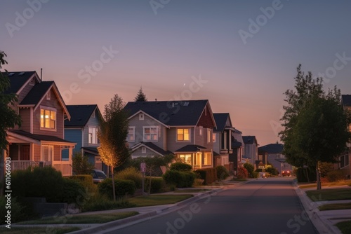 view of quiet residential neighborhood at dusk, with warm evening light and clear sky visible, created with generative ai