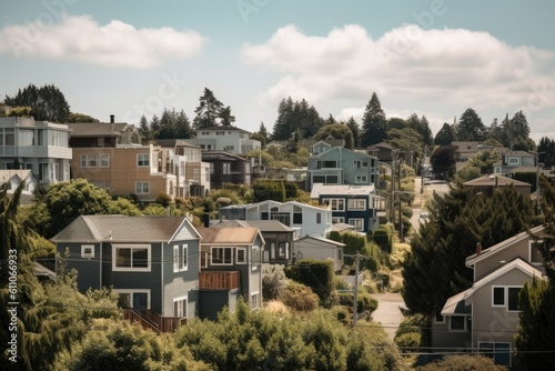 residential neighborhood with houses of varying shapes and sizes, set against a sunny sky, created with generative ai