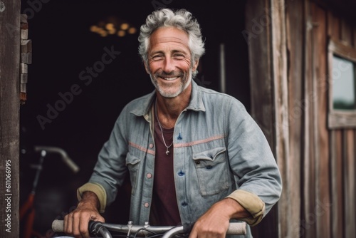 Close-up portrait photography of a tender mature man riding a bike against a rustic barn background. With generative AI technology