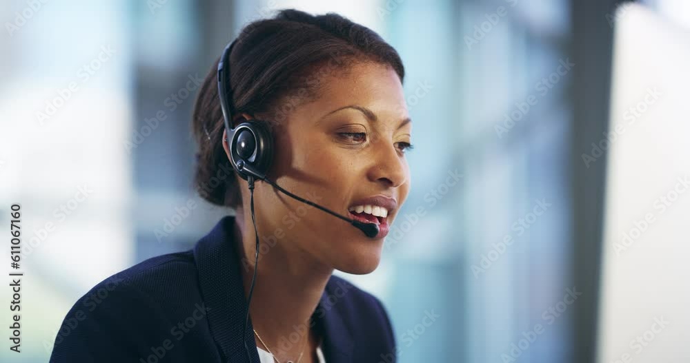 Black woman, call center and communication in a phone consultation with a smile in office. Consulting, telemarketing and African female worker with customer service and web support help with talk