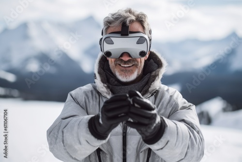 Medium shot portrait photography of a glad mature man playing with virtual reality mask against a snowy landscape background. With generative AI technology