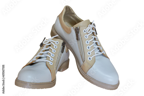 pair of white leather shoes isolated,women's leather shoes on a white background