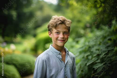 Close-up portrait photography of a grinning boy in his 30s walking against a lush garden background. With generative AI technology