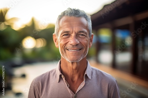 Headshot portrait photography of a satisfied mature man walking against a tropical island background. With generative AI technology