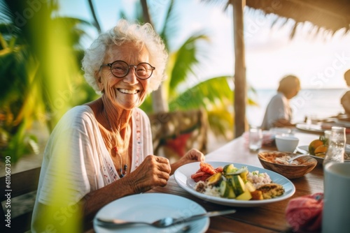 Lifestyle portrait photography of a happy old woman having breakfast against a tropical island background. With generative AI technology