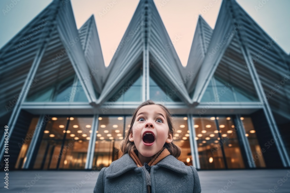 Headshot portrait photography of a joyful kid female sending blowing kiss against a modern architecture background. With generative AI technology