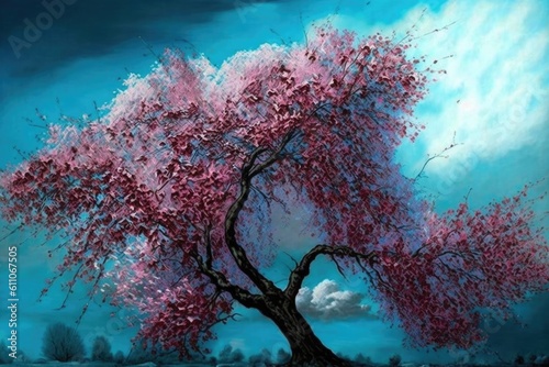 blossoming cherry tree, with pink blossoms and blue sky in the background, created with generative ai