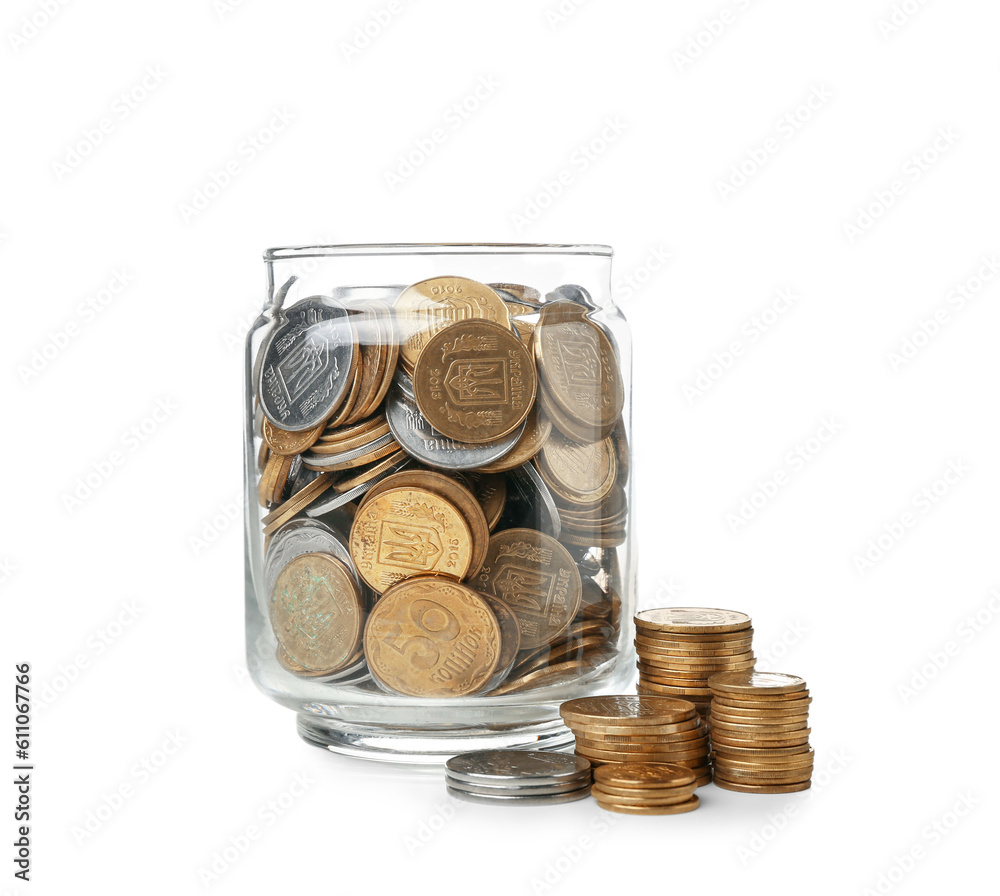 Jar with coins isolated on white background. Savings concept Jar with coins isolated on white background. Savings concept