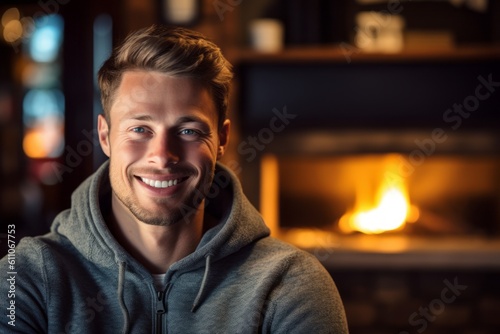 Headshot portrait photography of a satisfied boy in his 30s smiling against a cozy fireplace background. With generative AI technology