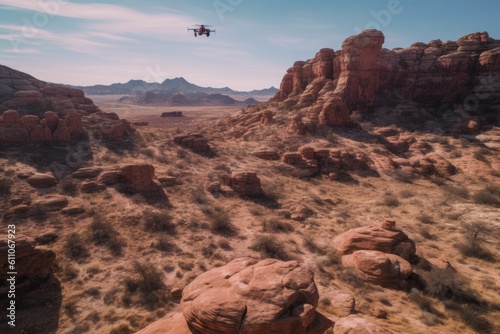 shot of a drone flying above red rock formations, created with generative ai