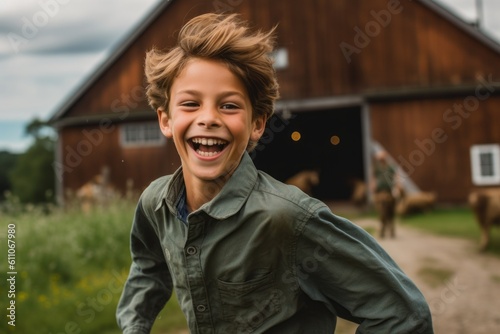 Close-up portrait photography of a joyful boy in his 30s running against a rustic farmhouse background. With generative AI technology © Markus Schröder