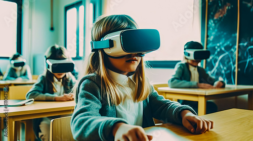 three dimensional vr glasses in classroom, children play and learn with these glasses, generative ai
