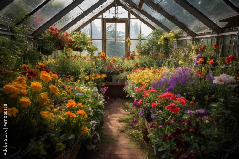 greenhouse filled with colorful flowers and plants, created with generative ai